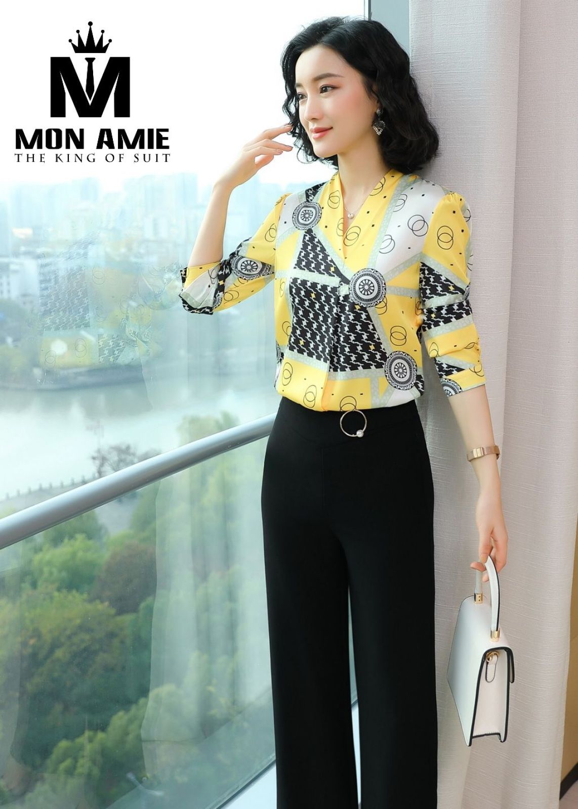 V Neck Yellow Pattern Silk Shirt 